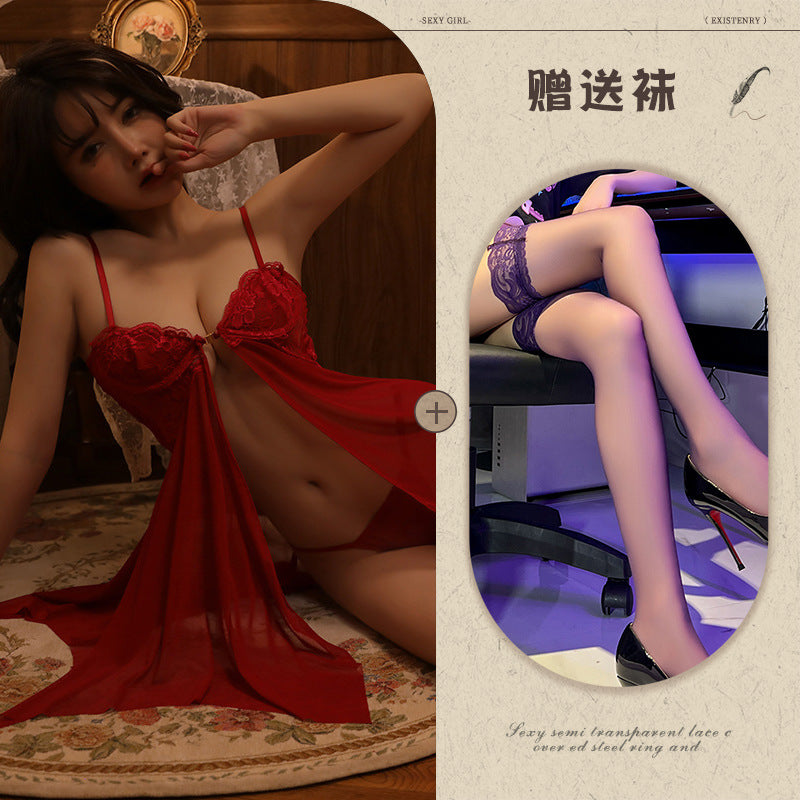 Sexy Lace Temptation Nightdress Underwire Gathered Homewear Lingerie with Slit Hot See-through Uniform - Seldom Seen Styles