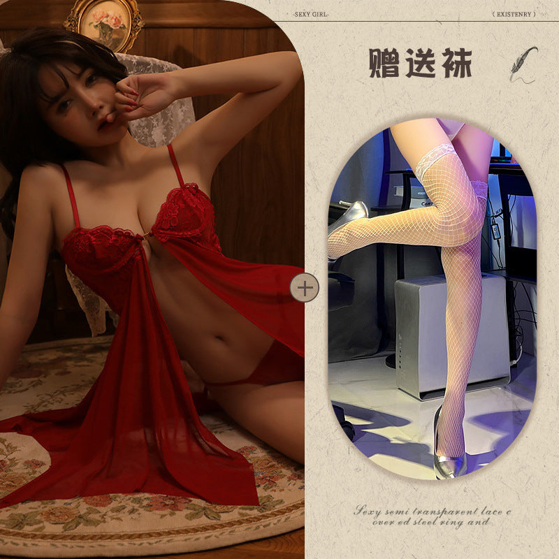 Sexy Lace Temptation Nightdress Underwire Gathered Homewear Lingerie with Slit Hot See-through Uniform - Seldom Seen Styles