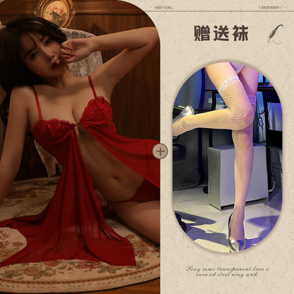 Sexy Lace Temptation Nightdress Underwire Gathered Homewear Lingerie with Slit Hot See-through Uniform - Seldom Seen Styles