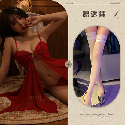 Sexy Lace Temptation Nightdress Underwire Gathered Homewear Lingerie with Slit Hot See-through Uniform - Seldom Seen Styles