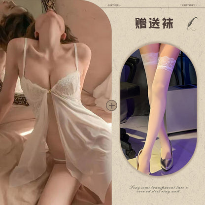 Sexy Lace Temptation Nightdress Underwire Gathered Homewear Lingerie with Slit Hot See-through Uniform - Seldom Seen Styles