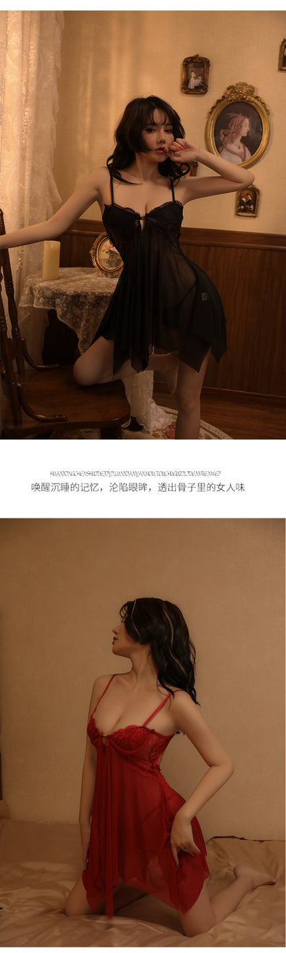 Sexy Lace Temptation Nightdress Underwire Gathered Homewear Lingerie with Slit Hot See-through Uniform - Seldom Seen Styles