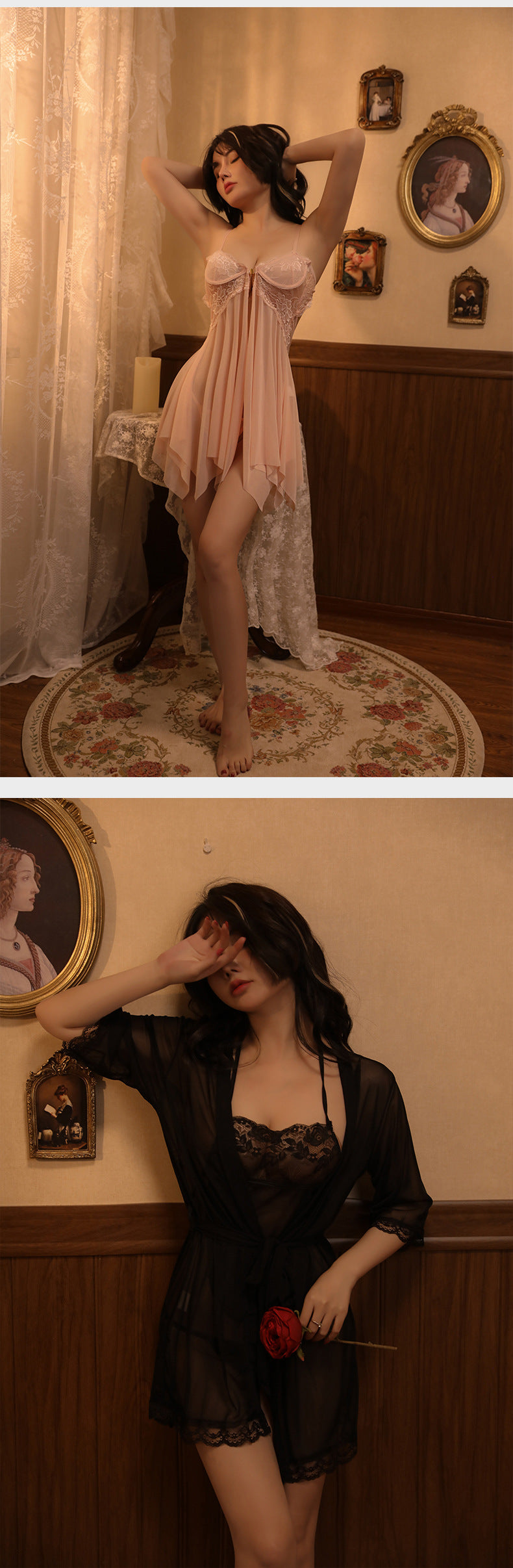 Sexy Lace Temptation Nightdress Underwire Gathered Homewear Lingerie with Slit Hot See-through Uniform - Seldom Seen Styles