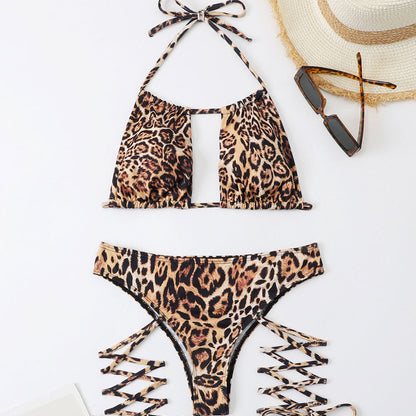 Sexy Leopard Tie String Cutout Halter Brazilian Two Piece Bikini Swimsuit - Seldom Seen Styles
