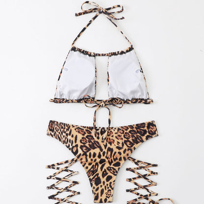 Sexy Leopard Tie String Cutout Halter Brazilian Two Piece Bikini Swimsuit - Seldom Seen Styles