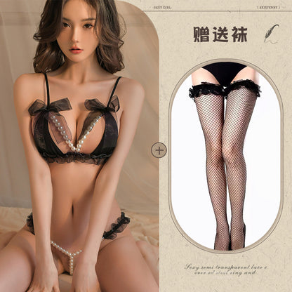 Sexy Lingerie Lace Three-Point Small Chest Enhancing Pearl Temptation Thong Passionate No-Removal Set for Women - Seldom Seen Styles