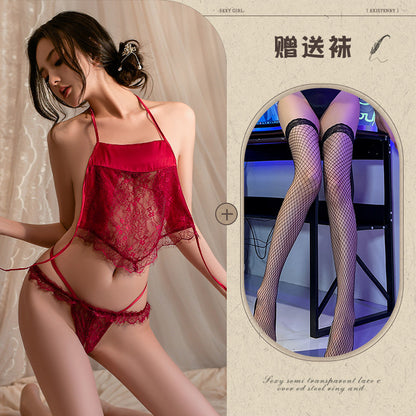Sexy Lingerie Pure Desire Sexy Lace Temptation Bellyband Hot Open-Crotch Uniform No-Need-To-Remove Pajama Set - Seldom Seen Styles
