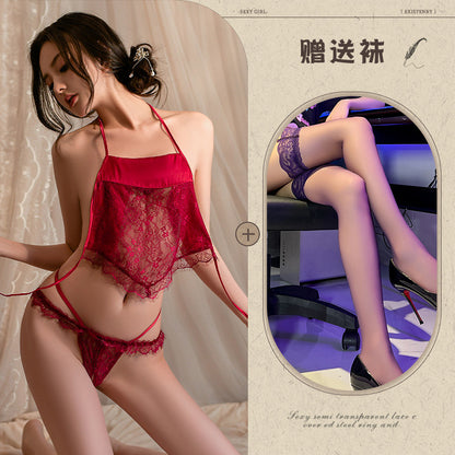 Sexy Lingerie Pure Desire Sexy Lace Temptation Bellyband Hot Open-Crotch Uniform No-Need-To-Remove Pajama Set - Seldom Seen Styles