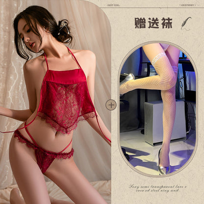 Sexy Lingerie Pure Desire Sexy Lace Temptation Bellyband Hot Open-Crotch Uniform No-Need-To-Remove Pajama Set - Seldom Seen Styles