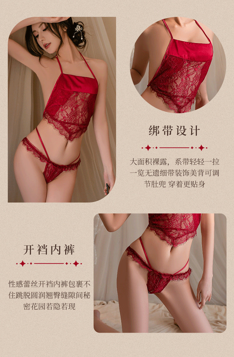 Sexy Lingerie Pure Desire Sexy Lace Temptation Bellyband Hot Open-Crotch Uniform No-Need-To-Remove Pajama Set - Seldom Seen Styles