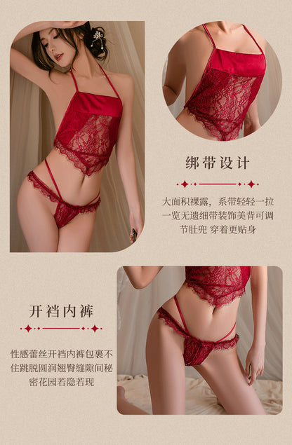 Sexy Lingerie Pure Desire Sexy Lace Temptation Bellyband Hot Open-Crotch Uniform No-Need-To-Remove Pajama Set - Seldom Seen Styles