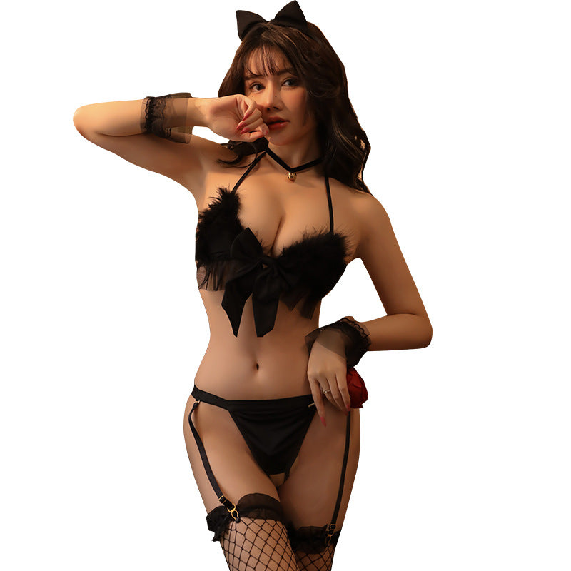 Sexy Lingerie Set Hot Three-Point Feather Cute Bowknot Backless Crotchless Temptation Uniform - Seldom Seen Styles