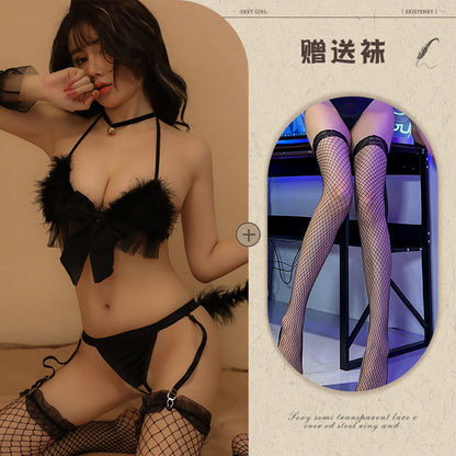 Sexy Lingerie Set Hot Three-Point Feather Cute Bowknot Backless Crotchless Temptation Uniform - Seldom Seen Styles