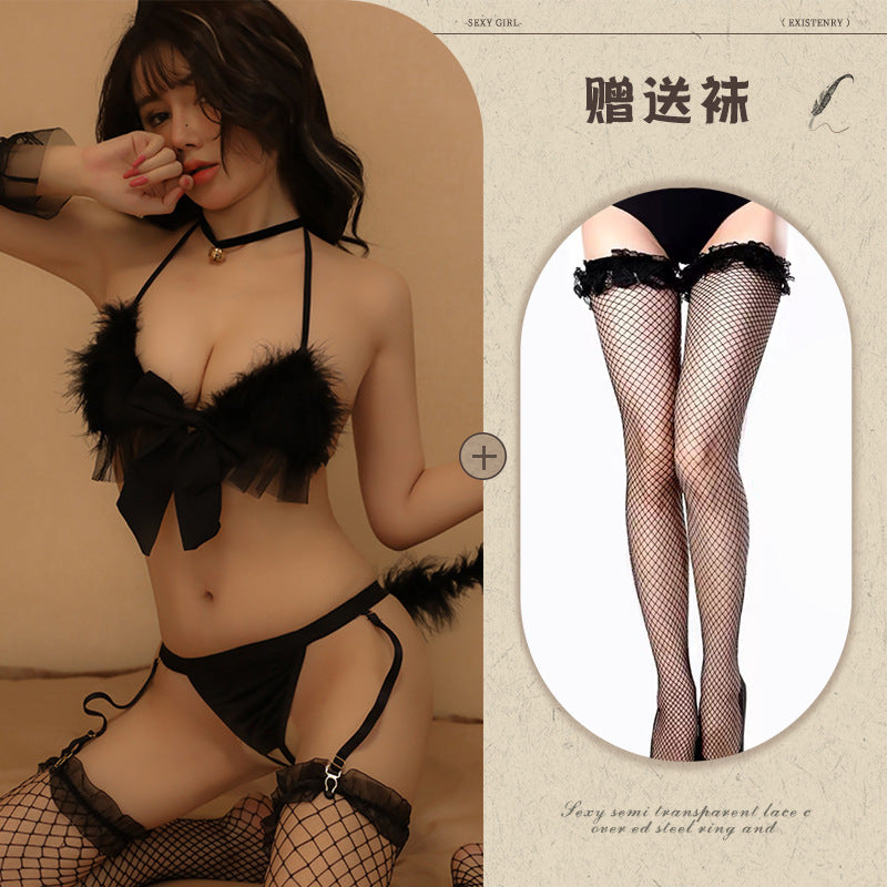 Sexy Lingerie Set Hot Three-Point Feather Cute Bowknot Backless Crotchless Temptation Uniform - Seldom Seen Styles