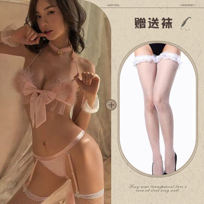Sexy Lingerie Set Hot Three-Point Feather Cute Bowknot Backless Crotchless Temptation Uniform - Seldom Seen Styles