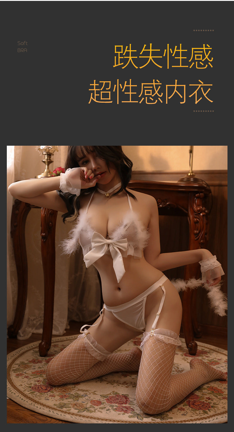 Sexy Lingerie Set Hot Three-Point Feather Cute Bowknot Backless Crotchless Temptation Uniform - Seldom Seen Styles