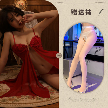 Sexy Lingerie with Front Buckle, Sheer Mesh Temptation Nightdress, Hot Split Strap Nightgown - Seldom Seen Styles