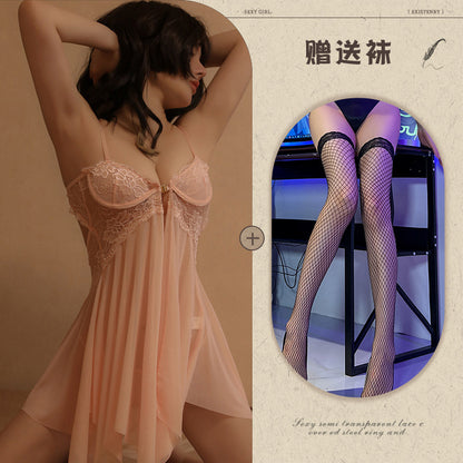 Sexy Lingerie with Front Buckle, Sheer Mesh Temptation Nightdress, Hot Split Strap Nightgown - Seldom Seen Styles