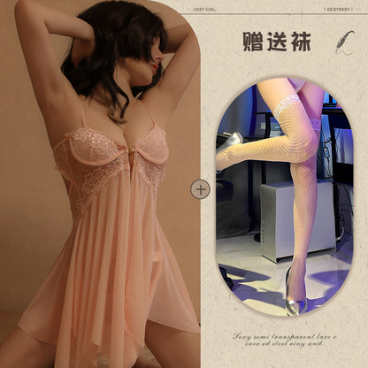 Sexy Lingerie with Front Buckle, Sheer Mesh Temptation Nightdress, Hot Split Strap Nightgown - Seldom Seen Styles