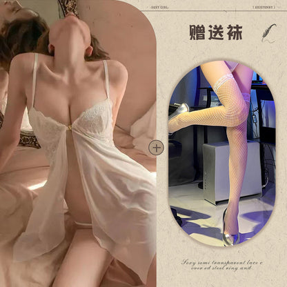 Sexy Lingerie with Front Buckle, Sheer Mesh Temptation Nightdress, Hot Split Strap Nightgown - Seldom Seen Styles