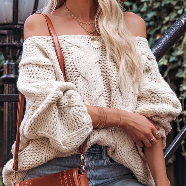 Sexy Off Shoulder Knit Pullover Sweater - Seldom Seen Styles