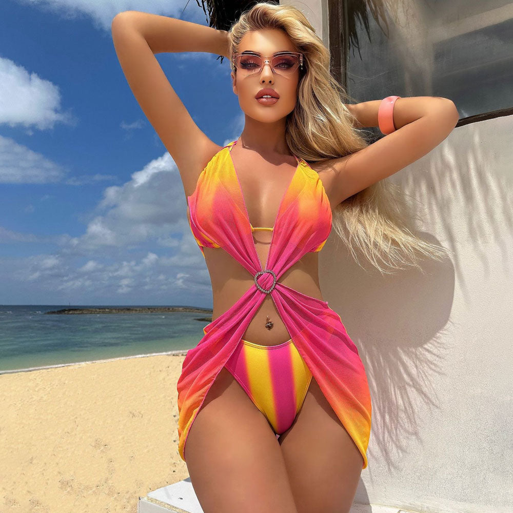 Sexy Ombré Striped Rhinestone Halter Triangle High Leg Brazilian Three Piece Bikini Swimsuit - Seldom Seen Styles