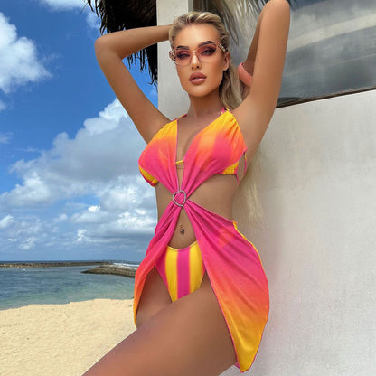 Sexy Ombré Striped Rhinestone Halter Triangle High Leg Brazilian Three Piece Bikini Swimsuit - Seldom Seen Styles