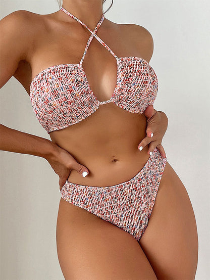 Sexy Print Pleats Strap Bikini - Seldom Seen Styles