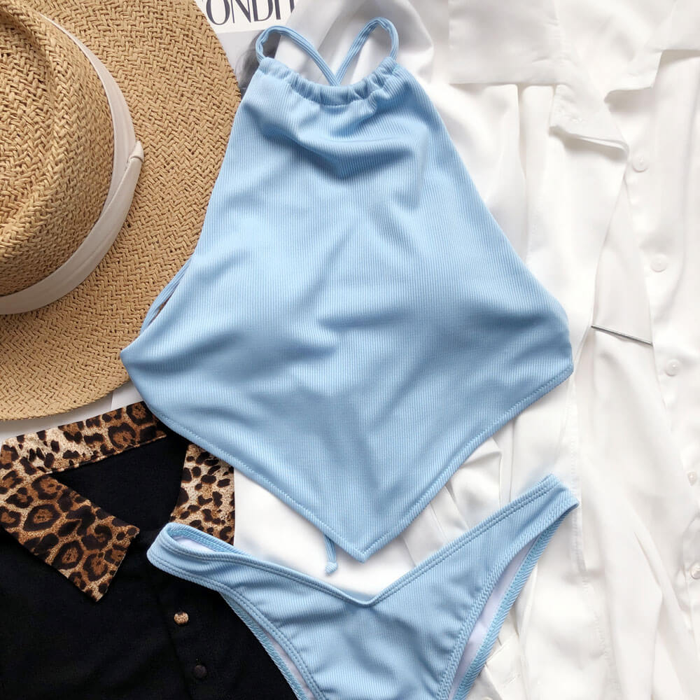 Sexy Rib Knit Cheeky High Cut Hanky Halter Brazilian Two Piece Bikini Swimsuit - Seldom Seen Styles