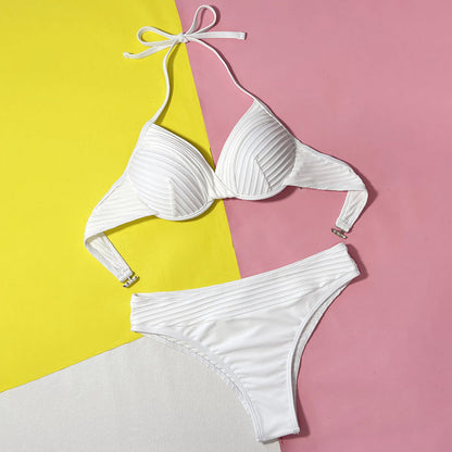 Sexy Ribbed High Waist Underwire Halter Brazilian Two Piece Bikini Swimsuit - Seldom Seen Styles