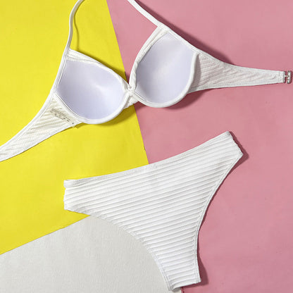 Sexy Ribbed High Waist Underwire Halter Brazilian Two Piece Bikini Swimsuit - Seldom Seen Styles