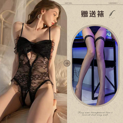 Sexy Sheer French Lingerie for Women with Bowknot Lace Temptation Bodysuit - Seldom Seen Styles
