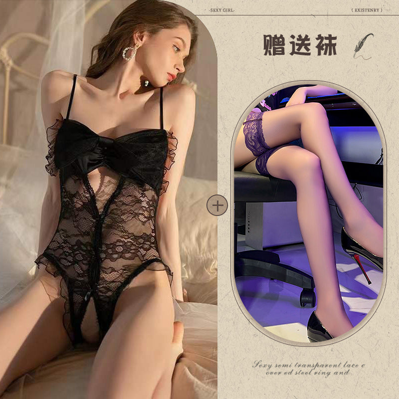 Sexy Sheer French Lingerie for Women with Bowknot Lace Temptation Bodysuit - Seldom Seen Styles