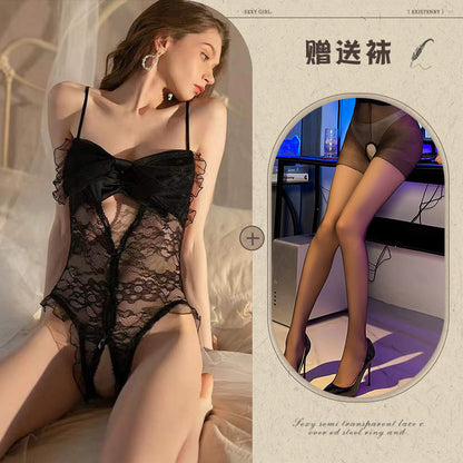 Sexy Sheer French Lingerie for Women with Bowknot Lace Temptation Bodysuit - Seldom Seen Styles