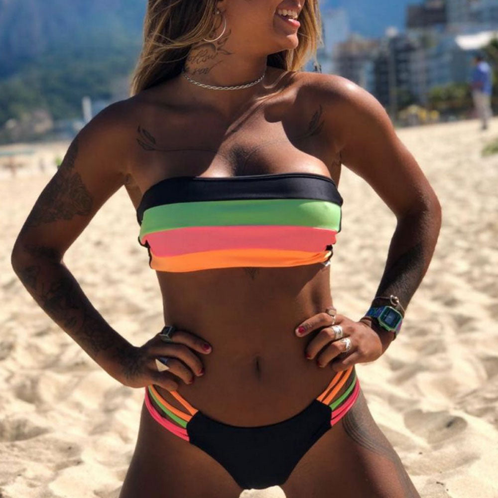 Sexy Strappy Rainbow Stripe Bandeau Thong Brazilian Two Piece Bikini Swimsuit - Seldom Seen Styles