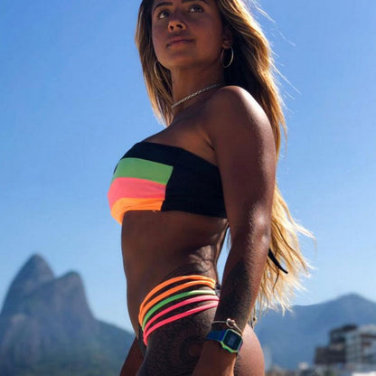 Sexy Strappy Rainbow Stripe Bandeau Thong Brazilian Two Piece Bikini Swimsuit - Seldom Seen Styles