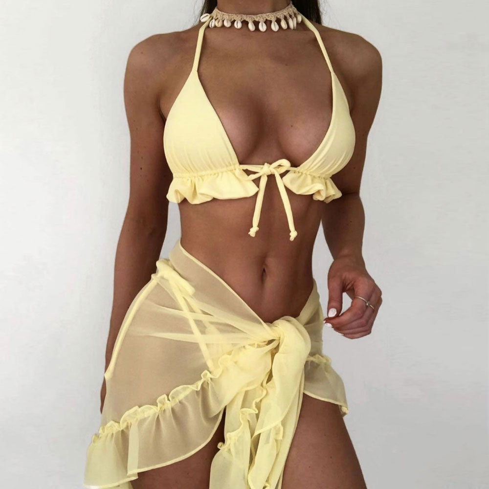 Sexy Tie String Ruffle Slide Triangle Brazilian Three Piece Bikini Swimsuit - Seldom Seen Styles