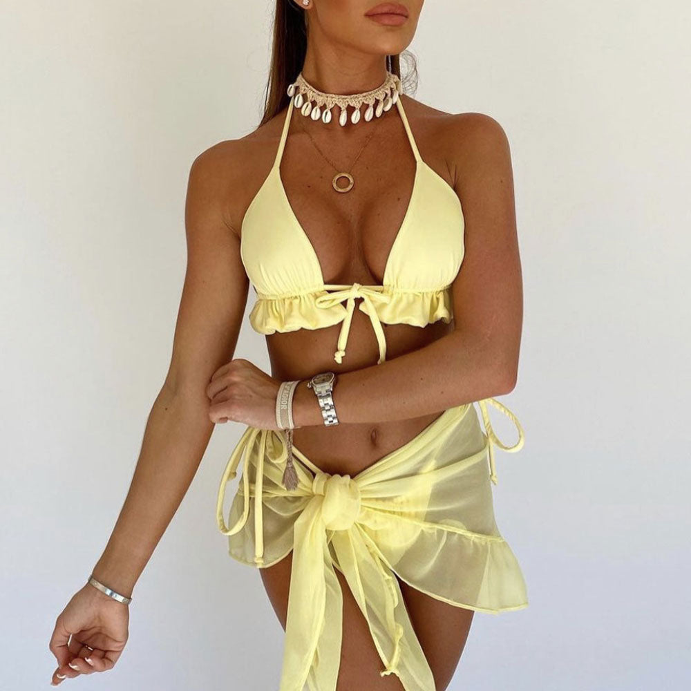 Sexy Tie String Ruffle Slide Triangle Brazilian Three Piece Bikini Swimsuit - Seldom Seen Styles