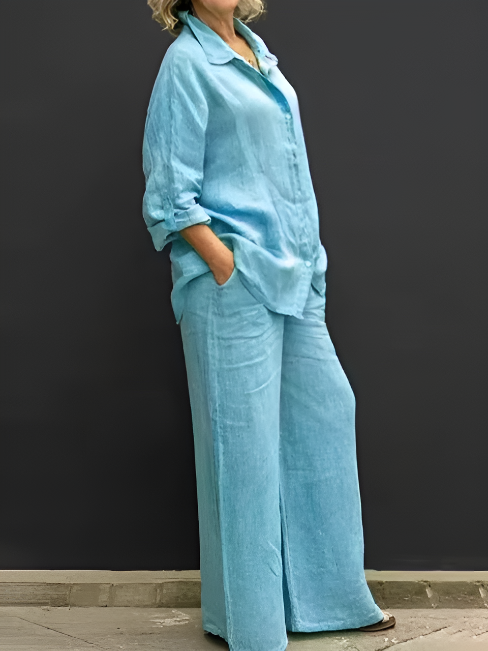 Womens Cotton Linen 2 Piece Outfits Long Sleeve Button Down Top Loose Elastic Waist Wide Leg Long Pants with 2 Pockets - Seldom Seen Styles