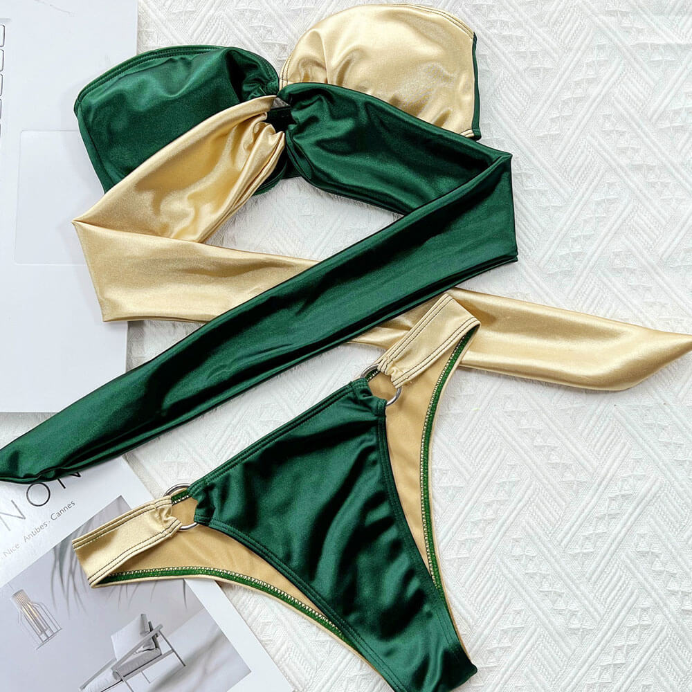 Shiny Color Panel O Ring Bow Tie Bandeau Brazilian Two Piece Bikini Swimsuit - Seldom Seen Styles