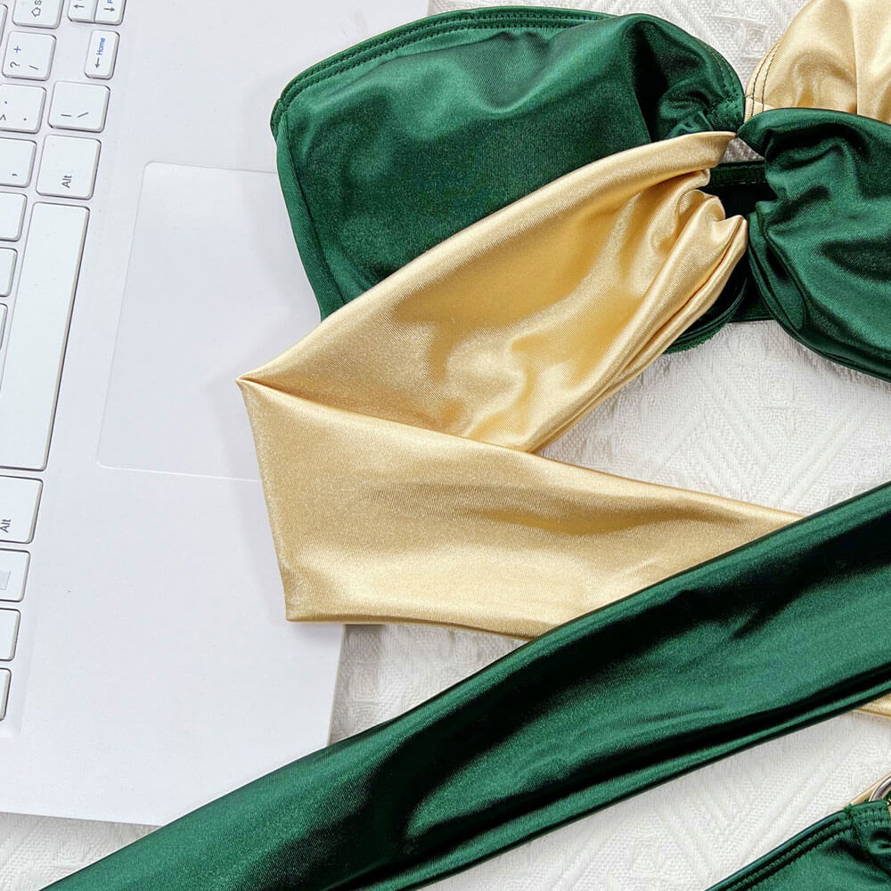 Shiny Color Panel O Ring Bow Tie Bandeau Brazilian Two Piece Bikini Swimsuit - Seldom Seen Styles