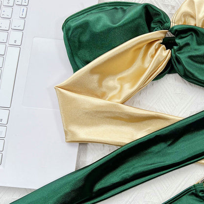 Shiny Color Panel O Ring Bow Tie Bandeau Brazilian Two Piece Bikini Swimsuit - Seldom Seen Styles