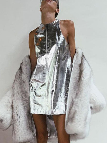 Shiny Solid Color Zipper A-line Loose Round-neck Mini Dresses - Seldom Seen Styles