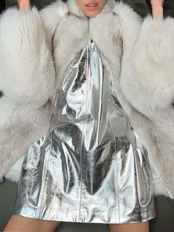 Shiny Solid Color Zipper A-line Loose Round-neck Mini Dresses - Seldom Seen Styles