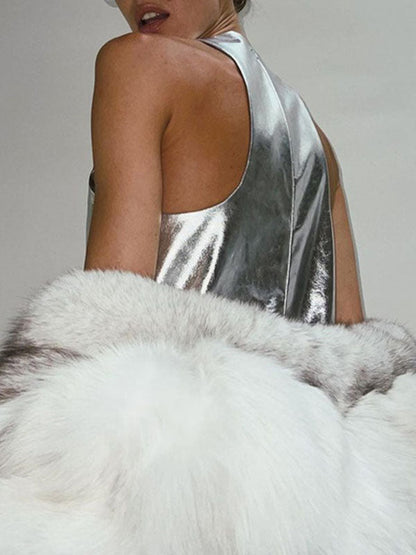 Shiny Solid Color Zipper A-line Loose Round-neck Mini Dresses - Seldom Seen Styles