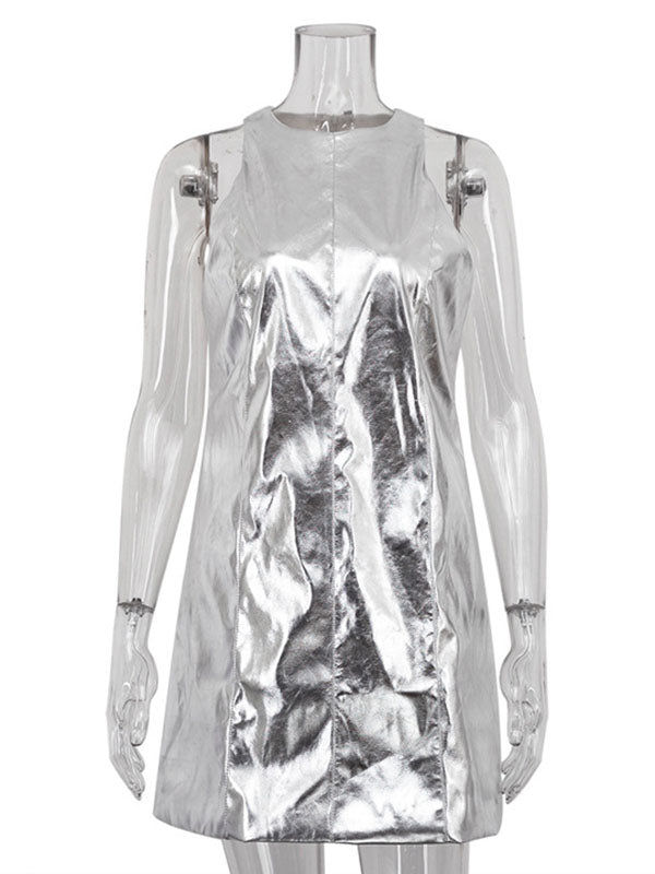 Shiny Solid Color Zipper A-line Loose Round-neck Mini Dresses - Seldom Seen Styles