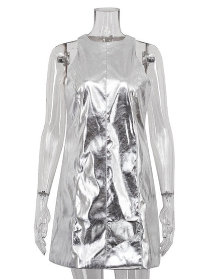 Shiny Solid Color Zipper A-line Loose Round-neck Mini Dresses - Seldom Seen Styles