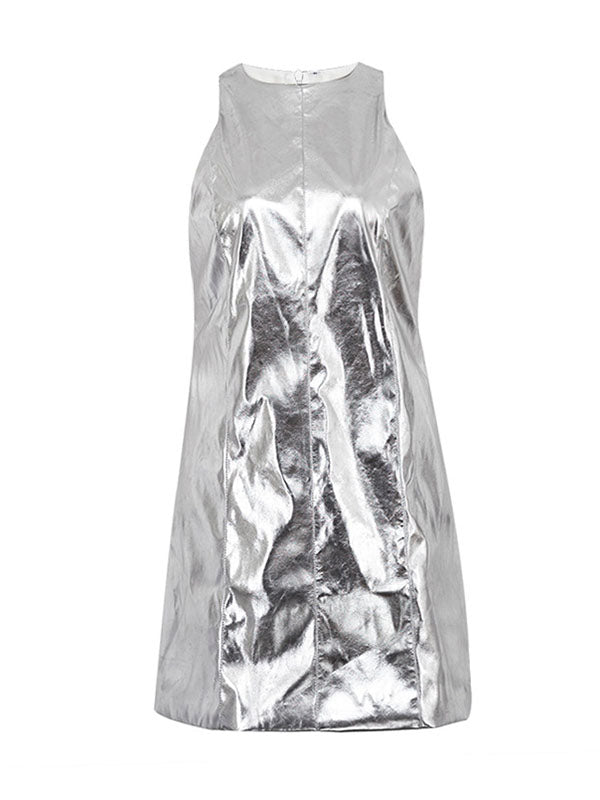 Shiny Solid Color Zipper A-line Loose Round-neck Mini Dresses - Seldom Seen Styles