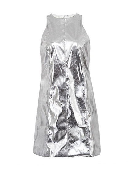 Shiny Solid Color Zipper A-line Loose Round-neck Mini Dresses - Seldom Seen Styles