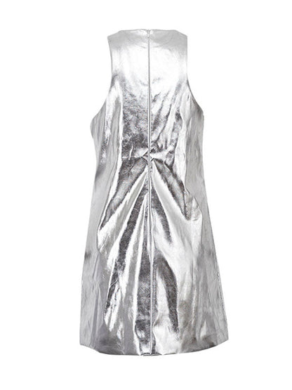 Shiny Solid Color Zipper A-line Loose Round-neck Mini Dresses - Seldom Seen Styles